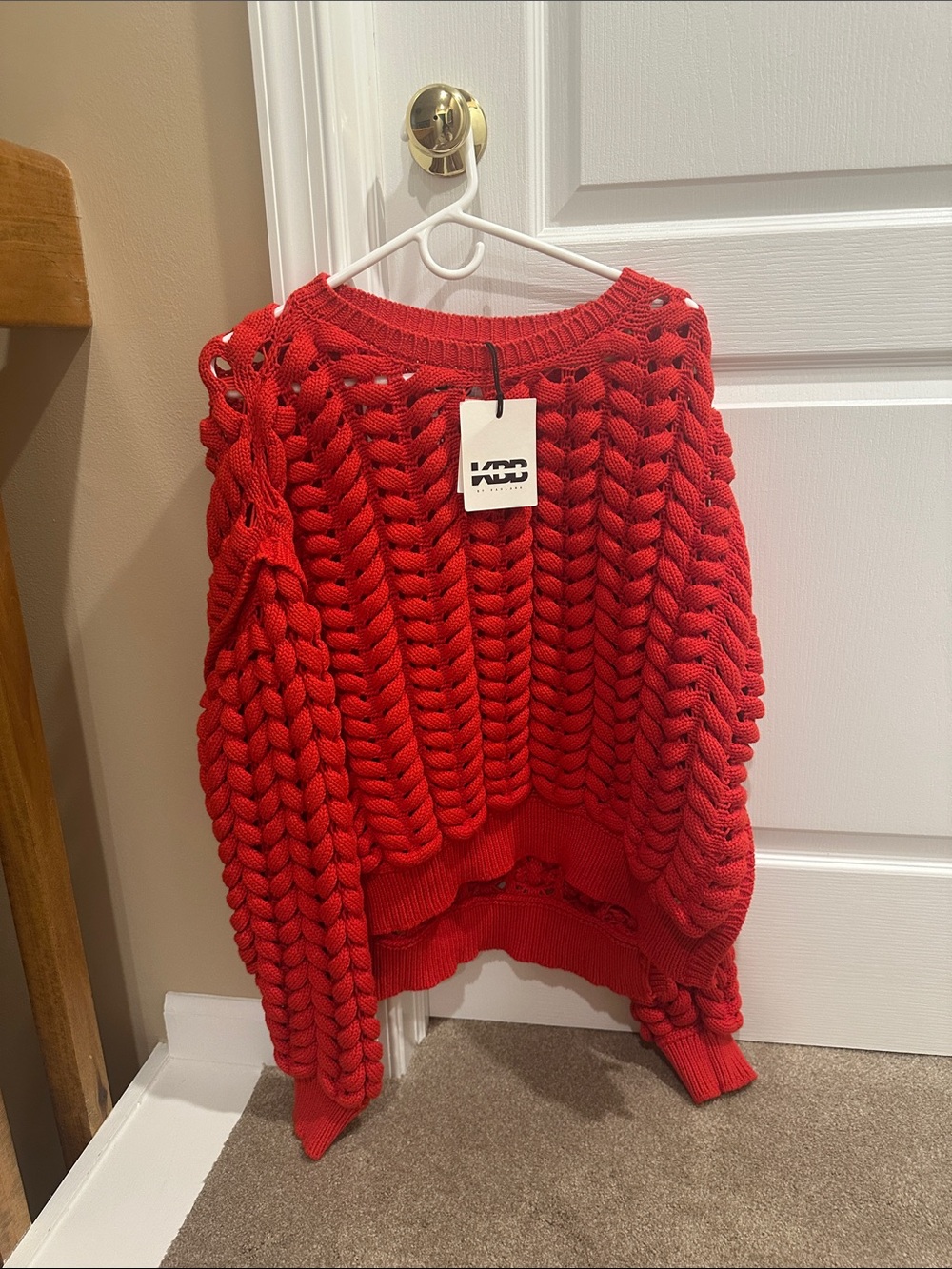 DC Red Chunky Braided Scoop Neck Sweater